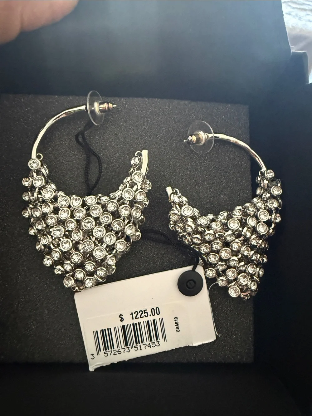 Authentic- CHANEL Crystal Pavé Hoop Earrings - Silver Tone